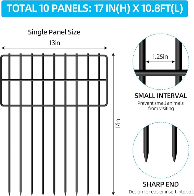 10 Panels Garden Fencing Animal Barrier, 17in (H) X 10.8ft (L) Dog Dig Fence Barrier, 1.25in Gap Rustproof Metal Stakes Decorative Garden Fence, Ground Defense Border Fence for Outdoor, Yard, Patio