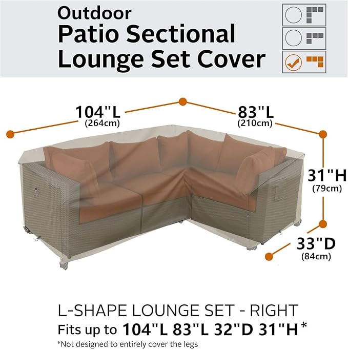 Heavy Duty Outdoor Sectional Cover, 104"X83" Waterproof 600D Patio Sectional Couch Protector, L-Shaped Lawn Patio Furniture Covers, Right Facing-Desert Khaki