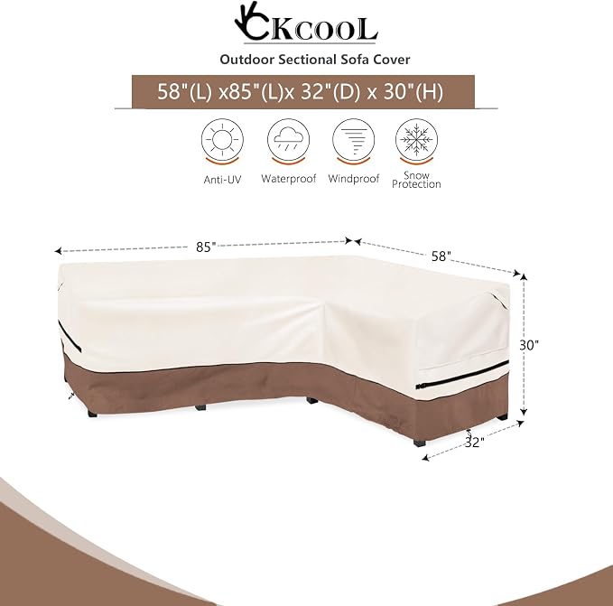okcool Outdoor Sectional Cover,L-Shaped Patio Furniture Covers for 4-Seater Outdoor Sectional Furniture Couch 85”W (Back Length) x 58”W (Right Side),Beige & Brown