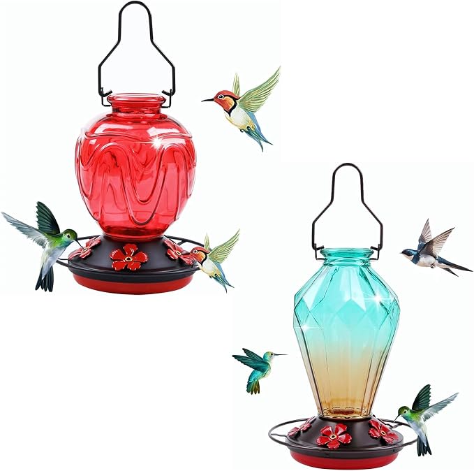 MCHBF Glass Hummingbird Feeders for Outdoor Hanging, 24 OZ Red and 25 OZ Green