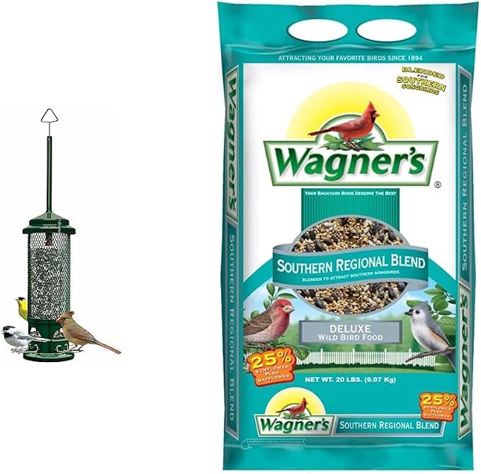 Squirrel Buster Legacy Squirrel-Proof Bird Feeder w/4 Metal Perches, 2.6-Pound Seed Capacity & Wagner's 62012 Southern Regional Blend Wild Bird Food, 20-Pound Bag