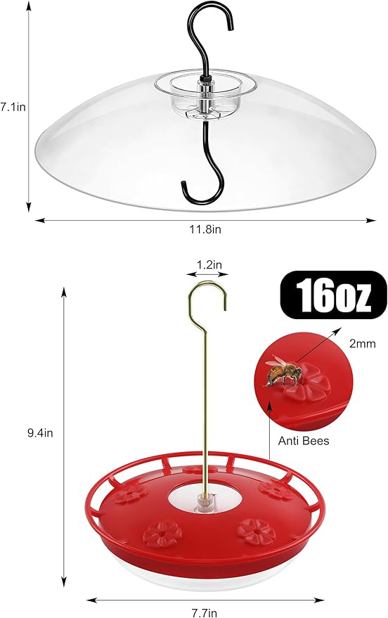 FEED GARDEN 16oz Hummingbird Feeder for Outdoors – Leak-Resistant with Rainproof Dome, Ant Moat & 5 Feeding Ports, Easy Fill & Clean Hanging Nectar Feeder