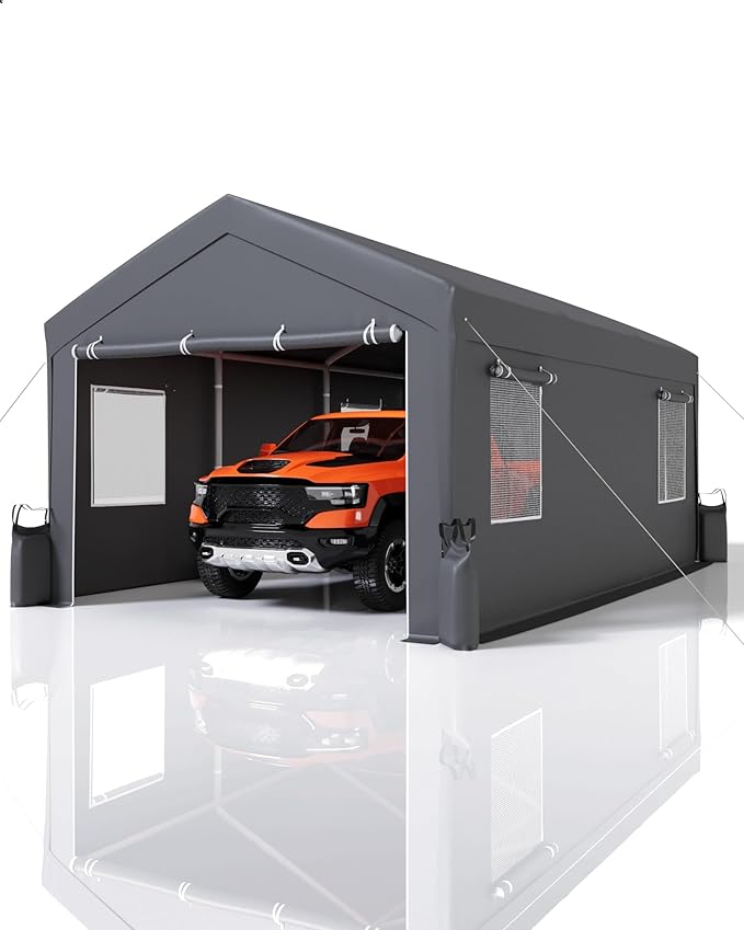 Hipicute 12x20x11 Ft Heavy-Duty Portable Garage with Canopy Top, Front and Back Doors, Roll-Up Windows, Carport Reinforced Structure for Cars, Trucks, Boats, and Parties - Gray.