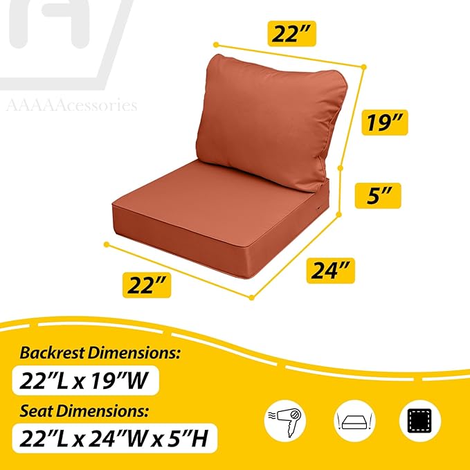 AAAAAcessories Outdoor Seat Cushions for Chairs, Fade-Resistant, Waterproof Patio Furniture Replacement Cushions, 22" x 24" x 5" + 22" x 19", Rust