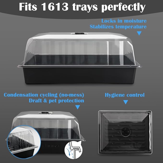 RooTrimmer 10-Pack Leak-Proof Humidity Domes, Plastic Clear Seed Starter Dome, Seed Starter Tray Covers Humidifying and Insulating for Greenhouse Germination and Garden Growing (16"×13", 4" Height)