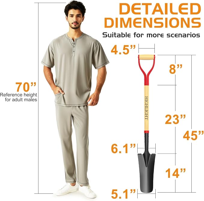 HIGHLIGHT 45-Inch Spade Shovel for Digging, Heavy Duty Transplanting & Drain Spade with Steel D-Grip and Wooden Handle, Lightweight Sharp Shooter Trench Shovel for Gardening