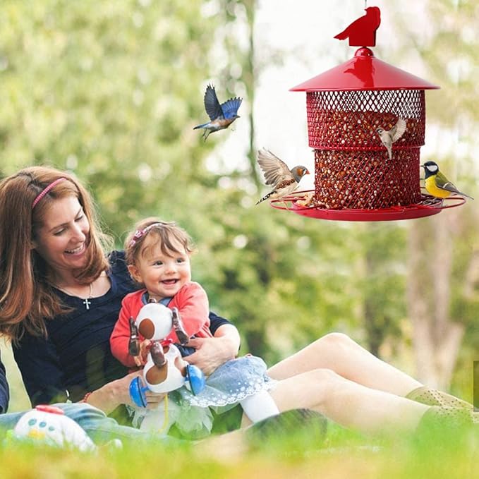 Metal Bird Feeder for Outside Hanging, Bird Feeders Squirrel Proof, 4 Lbs Large Capacity Iron Tube Mesh Wild Birdfeeder for Outdoor Finch Cardinal Chickadees Blue Jay -Red