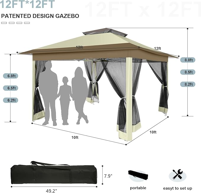 COBIZI 12x12 FT Pop up Gazebo on Clearance Canopy Tent, Carpas para Patio, Easy up Outdoor Canopy Tents with Portable Storage Bag for Backyard, Outdoor Waterproof Gazebos for Garden, Camping, Khaki