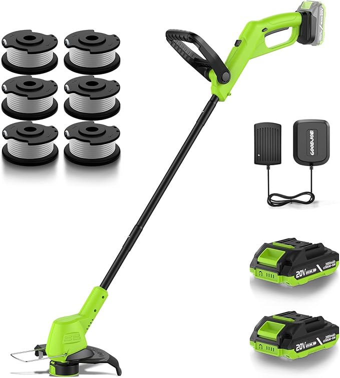 GOODJOB 20V 12" Cordless Weed Wacker, 3.5LBs Ultra-Lightweight Weed Eater, 180° Pivoting Head 3-in-1 String Trimmer & Lawn Edger with (2) 2.0Ah Batteries and Auto-Feed for Non-Stop Yard Work