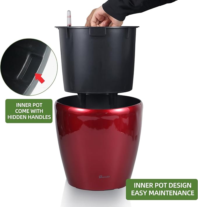 Dexceder 11x10 Self Watering Planter (Red High Gloss) | Inner Pot Design, Thickened Table Flower Plant Pot with Water Level Indicator Indoor Outdoor