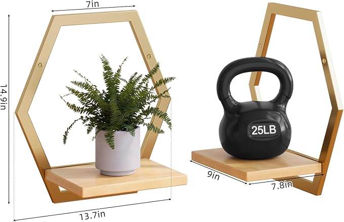 3 Pack Solid Wood & Heavy Duty Metal Wall Plant Stands, 25 LB Load Boho Arch Hanging Planter,9 inch Natural Wood Shelf for Indoor Plants Golden