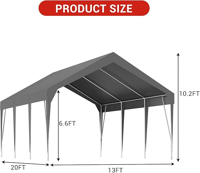 GarveeTech Heavy Duty Carport 13 x 20FT Portable Garage Car Canopy Waterproof UV Resistant, Outdoor Storage Shed for Car, Motorcycle, Bike, Garden Tools (Gray)