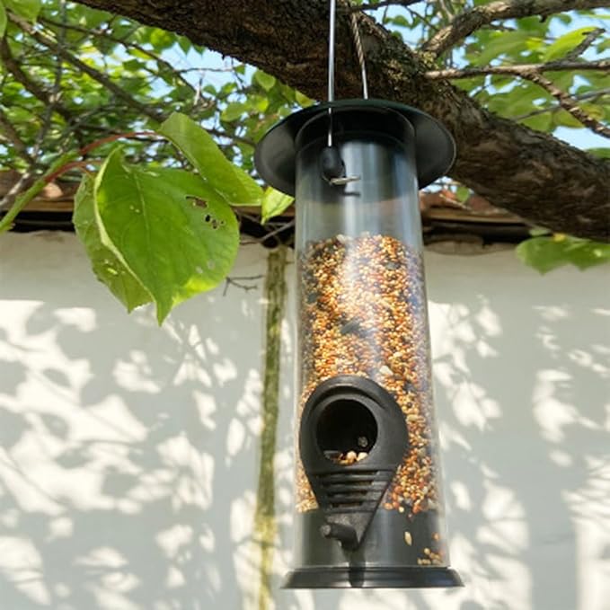 Metal Bird Feeder, Tube Bird Feeders for Outdoors Hanging, Heavy Duty Chew-Proof and Rust-Proof Tube Bird Feeder, Weatherproof & Steel Hanger, Attracting for Wild Birds (Black)