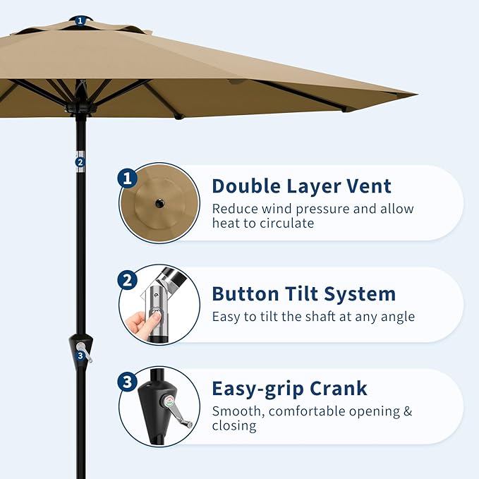GarveeLife 9FT Umbrella Outdoor Patio, Table Umbrella with Push Button Tilt and Crank, 8 Sturdy Ribs Waterproof UV Protection for Garden, Pool, Deck, Backyard, Market (Khaki)