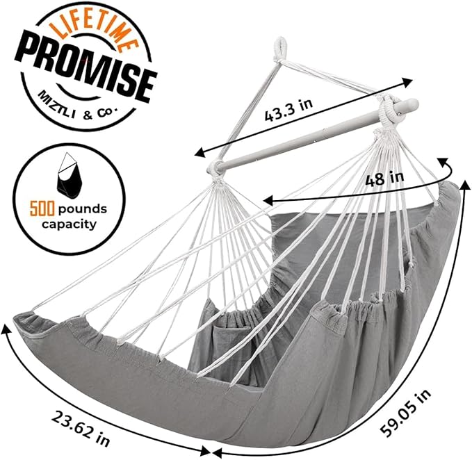 Miztli Hammock Chair Hanging Chair Swing for Bedroom with Foot Rest, Max 500 Lbs, Steel Spreader Bar with Anti-Slip Rings-2 Cushions Included-Indoor and Outdoor