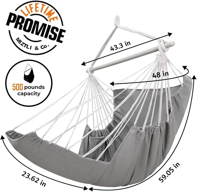 Miztli Hammock Chair Hanging Chair Swing for Bedroom with Foot Rest, Max 500 Lbs, Steel Spreader Bar with Anti-Slip Rings-2 Cushions Included-Indoor and Outdoor