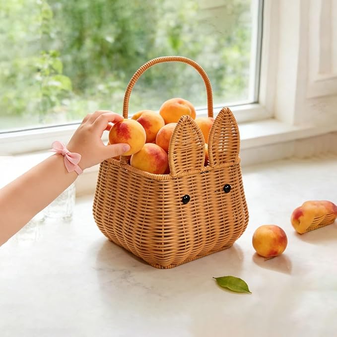 Picnic Basket, Garden Harvest Basket, Wicker Shopping Baskets with Fixed Handle, Reusable Handwoven Market Baskets for Carrying Shopping Storage Gathering (Brown, Bunny Ears)