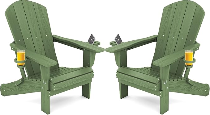 SERWALL Adirondack Chair with Cup Holders - Composite Adirondack Chairs Set of 2 HDPE Outdoor Chairs All Weather Use- Avocado