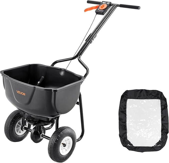 VEVOR Walk Behind Spreader, 60LBS Capacity, Push Spreader with 0-9.8 ft Spreading Width, 8 in All Terrain Pneumatic Tires, Garden & Lawn Broadcast Spreaders, for Seed, Fertilizer