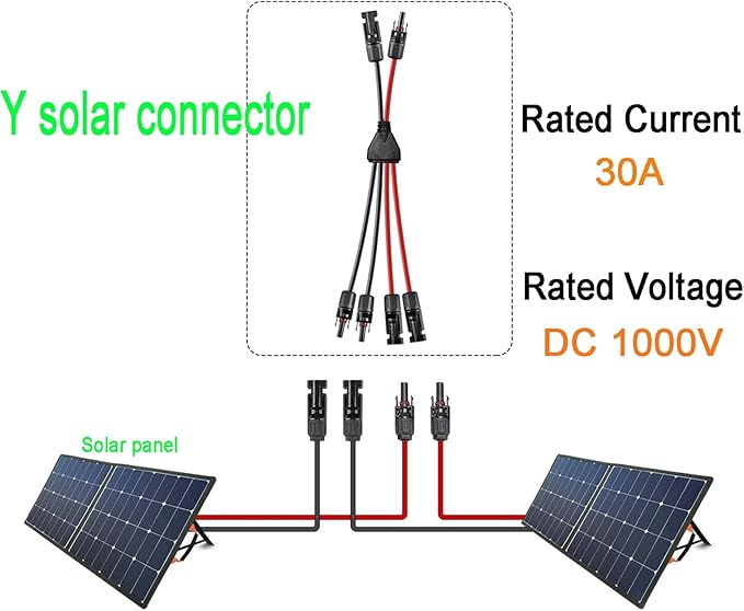 Solar Y Connector,Solar Y Branch Parallel Cable 2 to 4 Male Female Solar Connector Adapter,10AWG 45A Waterproof IP68 30CM Cable, for Solar Panels,Solar Cells,1 Pcs.(Y Solar 2-4)