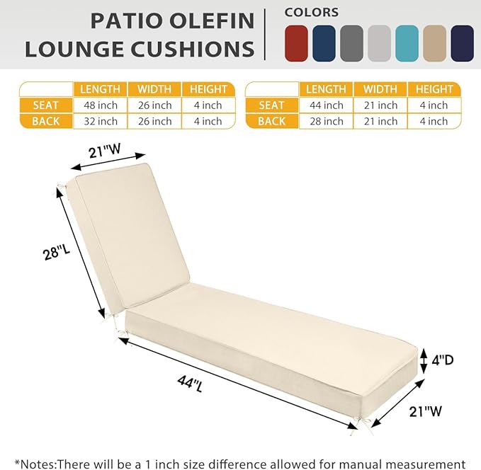 Sundale Outdoor Olefin Chaise Lounge Cushion Set of 2, Water-Resistant Patio Lounge Chair Cushion, Thick Lounger Pad with 4 Straps Beige, 72 x 21 x 4 Inches
