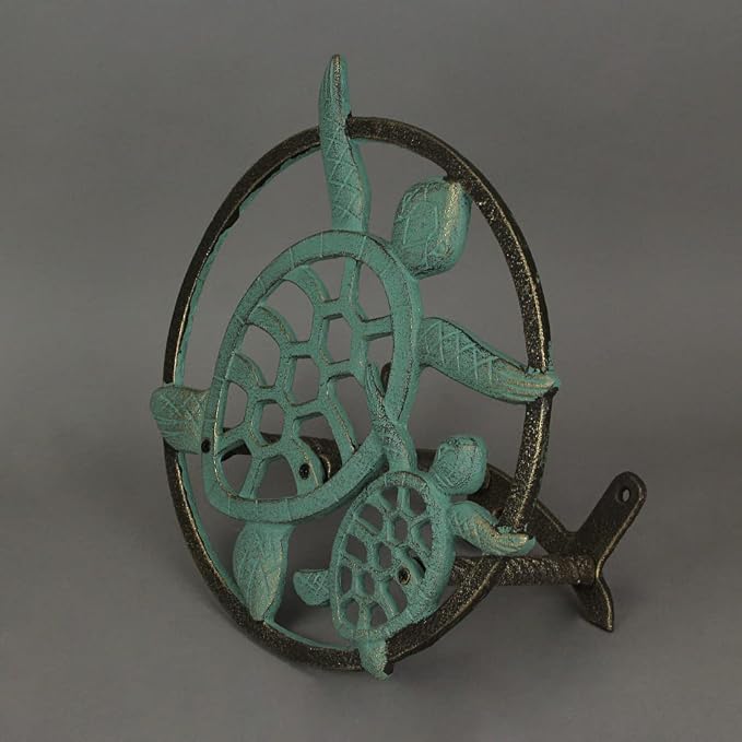 Zeckos Verdigris Bronze Finish Cast Iron Sea Turtle Decorative Wall Mounted Hanging Garden Hose Hanger - 12 Inches Diameter - Ocean-Inspired Hose Holder Décor