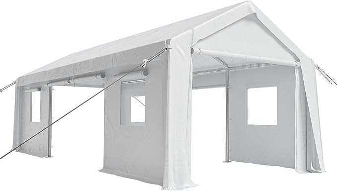 IDEALHOUSE 12x20 FT Heavy Duty Carport Canopy - Portable Garage with 6 Doors (4 Roll-Up + 2 Side), Waterproof All-Weather Shelter for Pickup Trucks & Boats (White)
