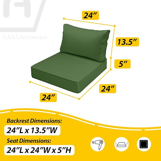 AAAAAcessories Outdoor Seat Cushions for Chairs, Fade-Resistant, Waterproof Patio Furniture Replacement Cushions, 24" x 24" x 5" + 24" x 13.5", Dark Moss Green
