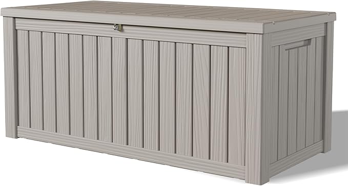 120 Gallon Outdoor Storage Box, Waterproof Resin Deck Box for Indoor & Outdoor Use Lockable Storage Bench with Piston Hinge Storage Bin for Indoor, Garden Tools, Pool Supplies, Patio, Grey