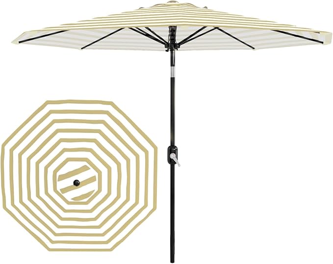 Garvee 9FT Outdoor Patio Umbrella 8 Sturdy Ribs Outdoor Table Umbrella with Crank Lift & Push Button Tilt - UV Protection Waterproof Market Umbrellas for Pool Deck Yard Garden, Tan & White Stripes
