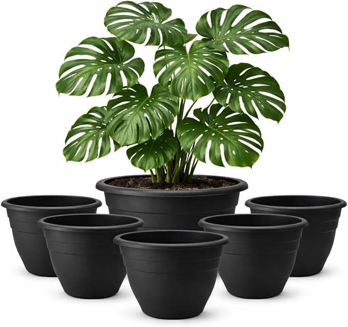 RooTrimmer 16 Inch Plant Pots Indoor Outdoor,6 Pack Black Plastic Planters with Drainage Holes,Large Lightweight Flower Pots for Indoor Outdoor Plants,Patio Garden Containers
