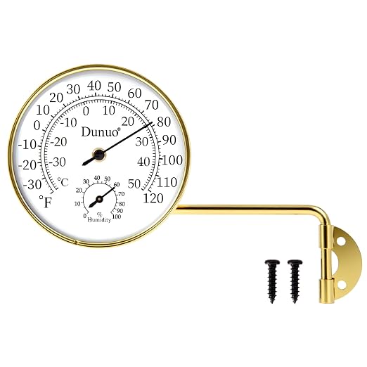 Outdoor Thermometer - Weatherproof & Decorative Outside Temperature Gauge for Window, Greenhouse Accessories and Patio (Easy-Read Brass Swivel Design) (4inch Gloden case+ White dial)