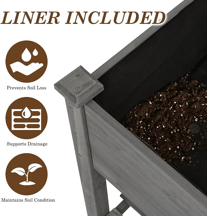 Raised Garden Bed with Lockable Wheels, 40x24x32 inch Elevated Wood Planter with Storage Shelf Protective Liner for Vegetable Flower Herb Outdoor Balcony Patio Backyard, Grey