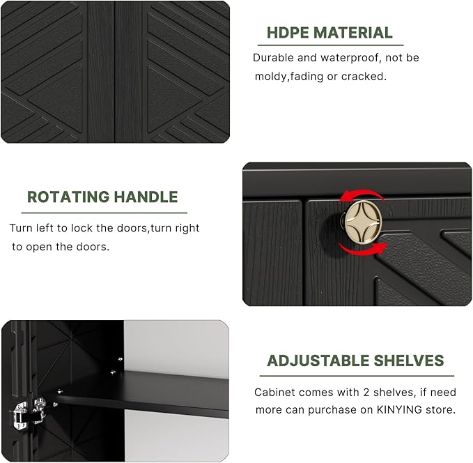 KINYING Outdoor Storage Cabinet Waterproof with 2 Shelves, 60 Gallon Resin Storage Shed for Patio/Garden/Backyard, Outdoor Storage Box for Cushions,Garden Tools and Pool Supplies,Black
