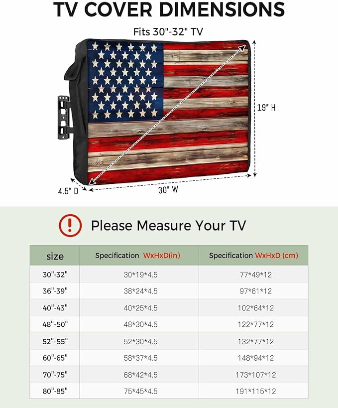 American Flag Outdoor TV Cover 70 to 75 Inches Weatherproof & Waterproof, Red Striped Blue Star Outdoor TV Enclosure with Remote Control Pocket, Vintage Wooden TV Screen Protectors for Outside TV