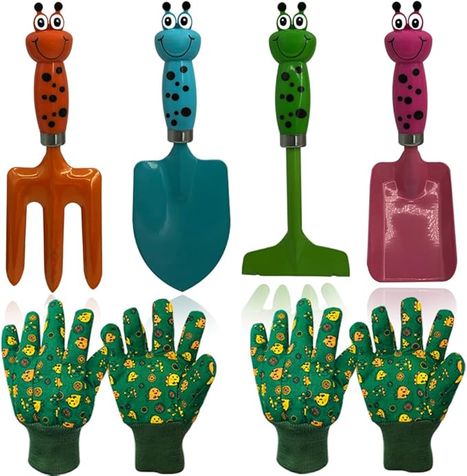 Kids Gardening Tools Set Metal Hand Shovel Mini Garden Tools for Kids, Safe Toy Gardening Tools for Soil Planting Digging Transplanting 6 Pieces