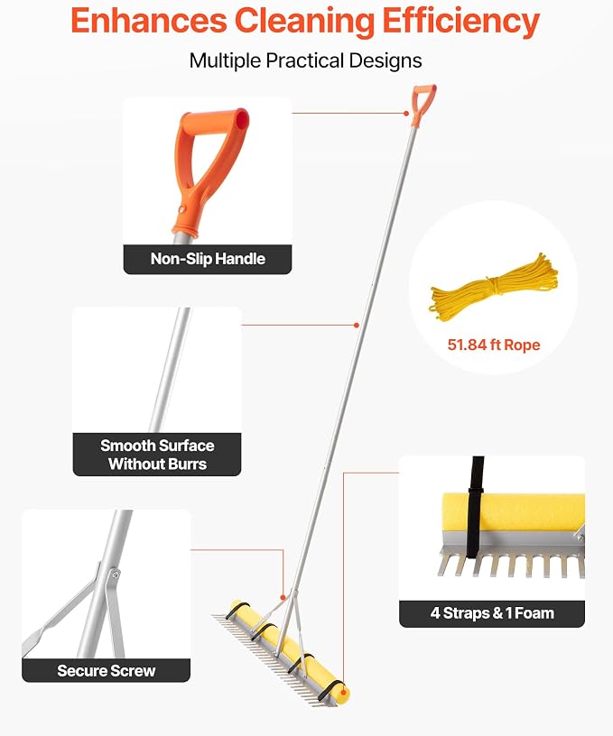 VEVOR Landscape Rake, 36 inch Wide Head 102 inch Handle, Large Heavy Duty Aluminum Landscaping Leaf Rake Tool, Asphalt Level for Loosening Soil, Garden & Yard, Pond Gravel & Beach Lawn Care, 52ft Rope