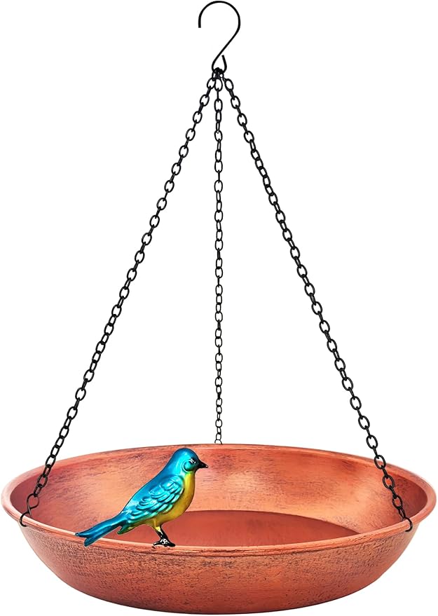 Hanging Bird Bath for Outdoor, 11 Inch Dia Antique Copper Metal Bird Feeder Birdbath Bowl Mounted Black Chain Metal Yard Art Garden Decor 0.5 Gallon