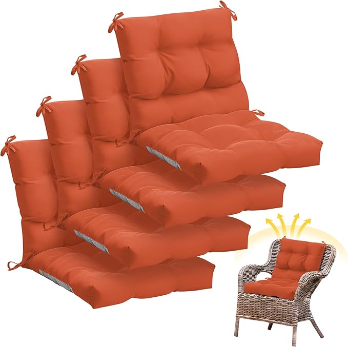 Marsui 4 Pcs Outdoor Indoor High Back Chair Cushions Patio Furniture Tufted Pillow with Ties Water-Resistant Replacement Outdoor Rocking Chair Cushions, 42 x 21 Inches (Orange Red,Solid Color)