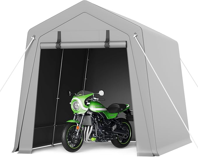 Portable Carport Storage Shed, 7' x 12' Motorcycle Tent, Waterproof & UV-Resistant with Roll-Up Zipper Doors, Gray Outdoor Shelter for Bikes, Tools & Equipment