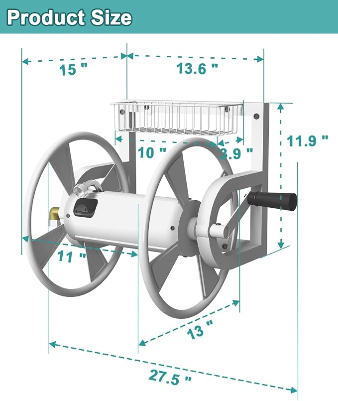 Artigarden Garden Wall Mounted Hose Reel, Outdoor Heavy-Duty Water Hose Holder Winder, Holds 125 Feet of 5/8-Inch Hose, with 3.9 ft Leader Hose, Brass Fitting and Storage Basket for Yard, White