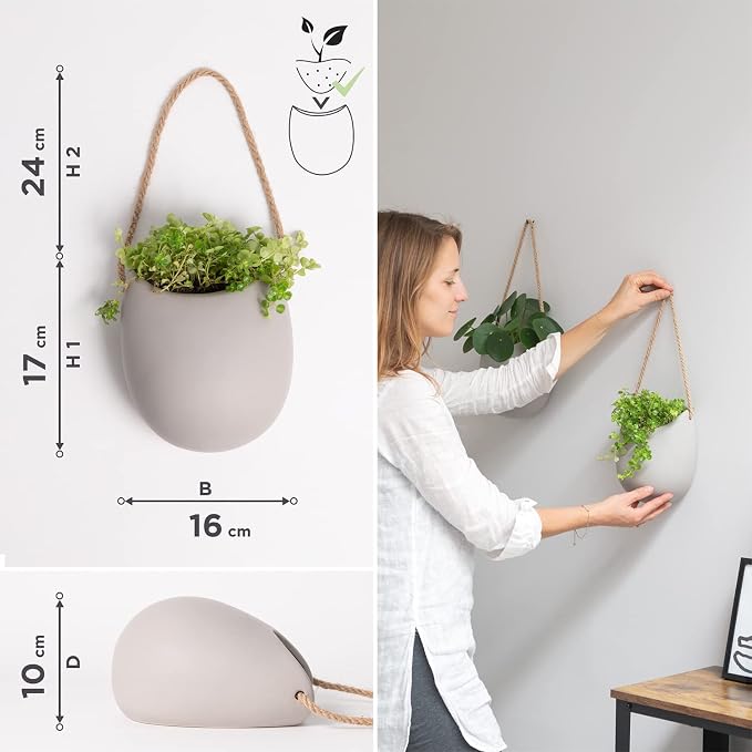 Kazai. Wall Planters -Ellie- | Hanging Ceramic Plant Pots 2 Pieces | Wall Decoration for Indoors, Balcony and Garden | Light Grey (Matte)