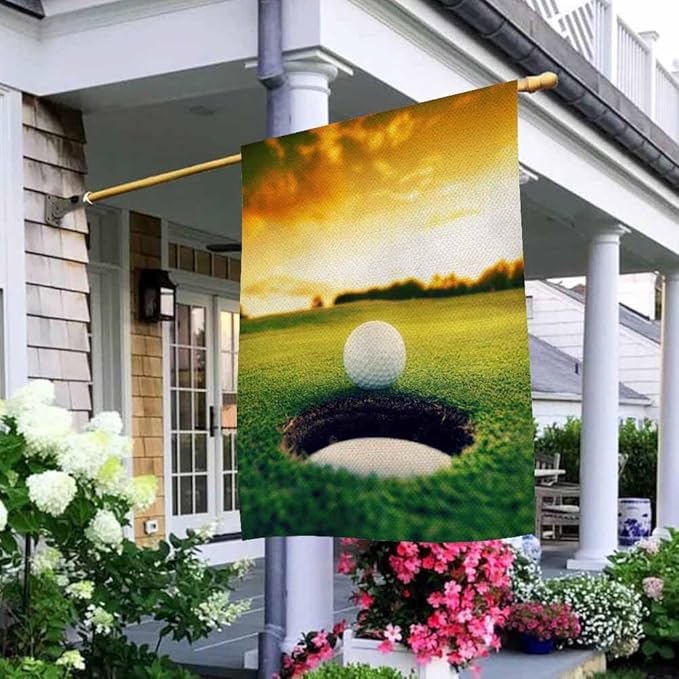 AOYEGO Golf House Flag Vertical Double Sided Burlap Detail on the Lawn At Dusk Golf Club Farmhouse Yard Outdoor Seasonal Flags Decoration 28 x 40 Inches