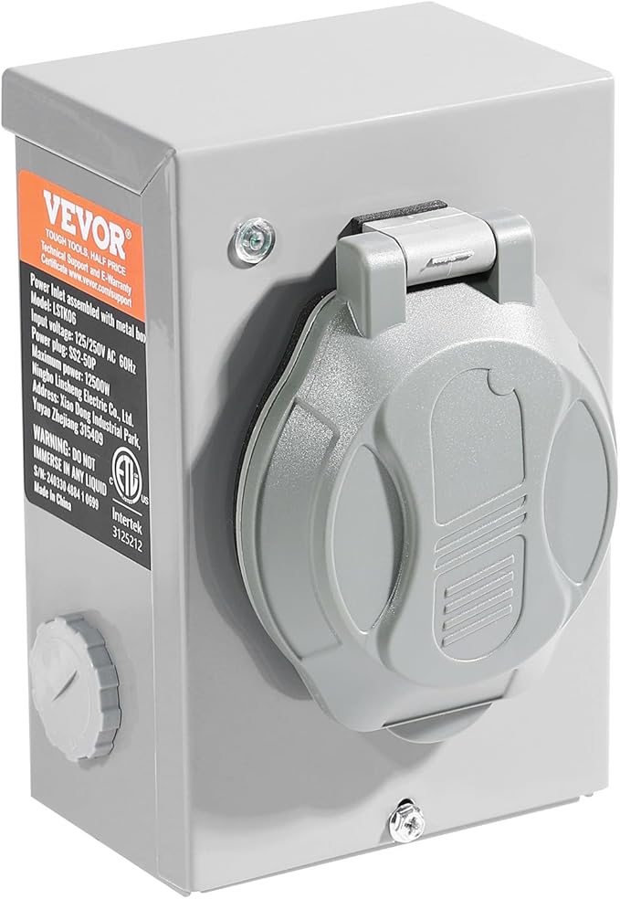VEVOR 50 Amp Generator Cord and Power Inlet Box Kit, 50FT Generator Extension Cord NEMA 14-50P/SS2-50R STW 6/3+8/1 AWG with Twist Lock Connector, Pre-Drilled Inlet Box, ETL Listed