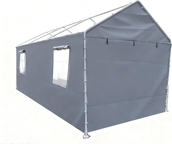 Rutile 10x20 Carport Replacement Sidewall, 180G PE Waterproof & UV Protected Sidewall Cover (Gray, Sidewall Panel with Mesh Windows)