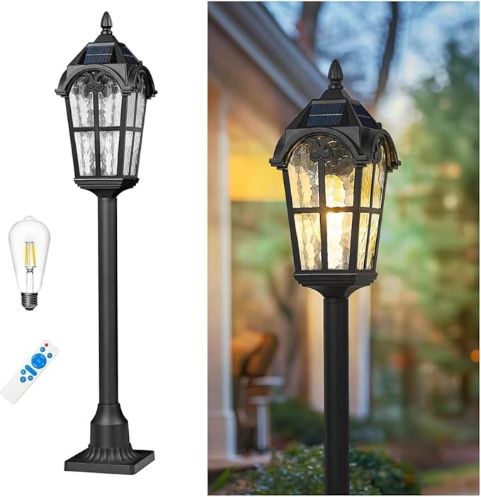 Emliviar Solar Pole Light with Pier Mount Base, Auto On/Off Walkway Lamp in Black Finish, Solar Pathway Light with Water Grain Glass Shade, LED Bulb Included, YXE302PL-SL BK