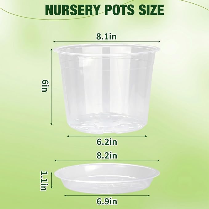 8 Inch Clear Nursery Pots with Drainage Holes and Saucers, 6 Pack Clear Pots for Plants Variety Pack, Seedling Pots for Succulents, Herbs, Flowers, Vegetables
