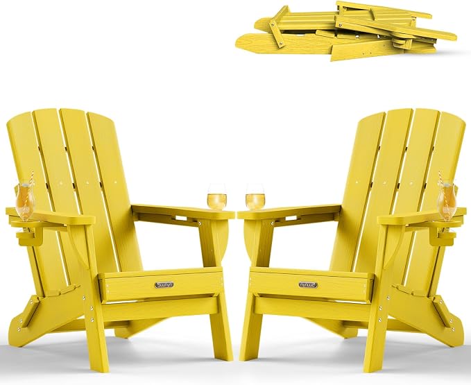 Folding Adirondack Chair Set of 2, HDPE Adirondack Chairs with 2 Cup Holder, Plastic All-Weather Fire Pit Chairs, Outdoor Lawn Chair for Patio Garden (Yellow)