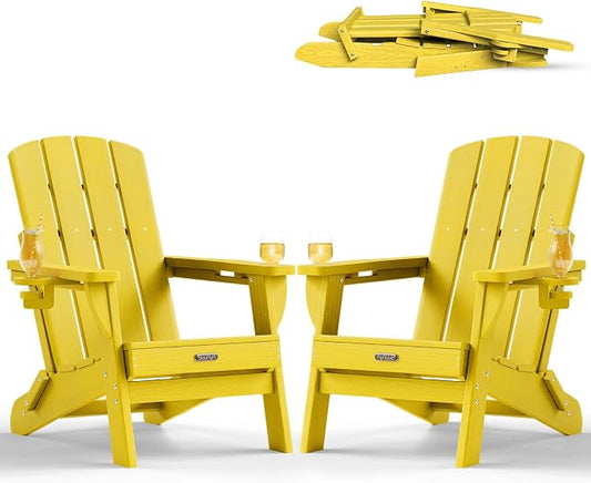 Folding Adirondack Chair Set of 2, HDPE Adirondack Chairs with 2 Cup Holder, Plastic All-Weather Fire Pit Chairs, Outdoor Lawn Chair for Patio Garden (Yellow)