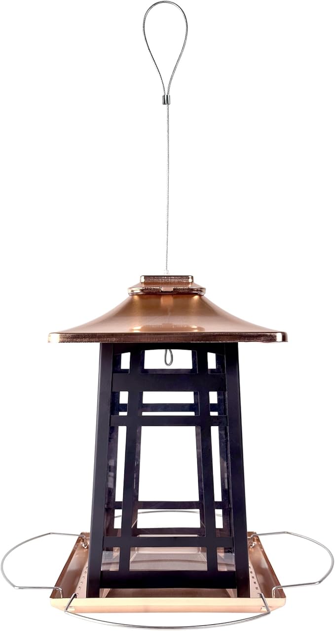 Nature's Way Outdoor Garden Décor Hanging Wild Bird Seed Feeder, Metal Copper Gazebo Feeder, Easy Fill, Rain Drainage, Black and Copper
